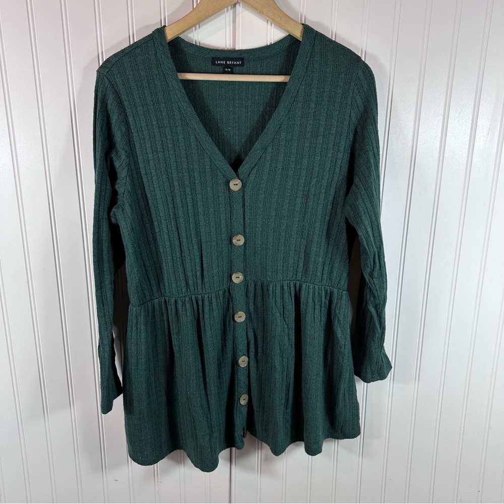 LANE BRYANT UGC Size 14/16 Green Faux Buttom Down Babydoll top shirt long sleeve